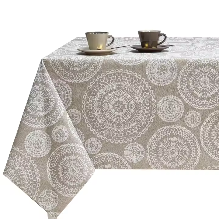 Mantel de tela Antimanchas beige,  Para mesa rectangular, Fácil de limpiar, Lavable, Impermeable, Se puede usar en la cocina y comedor, Mandalas blancas, 210830-2 ABARAN BEGIE. - 1