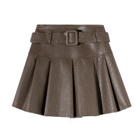Falda Corta De Cuero PU Retro Estadounidense Para Mujer Alta Cintura Pleated A-Line Estilo Francés Para Pequeñas Otoño 2024 - details 6