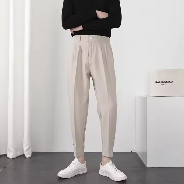 Pantalones Casuales Para Hombre Con Cintura Elástica Y Pierna Delgada Estilo Coreano Pliegues Ajustados Pantalones De Chaqueta Trenzados Callejeros - 1