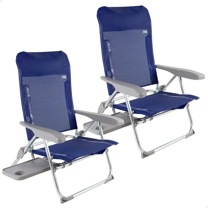 Aktive - Pack 2 sillas de playa plegado extraplano, muy compactas, multiposición, 6 posiciones, con cojín y mesa, con asas de mano para fácil transporte, medidas 47x57x89 cm, de aluminio y textileno, antivuelco - 1