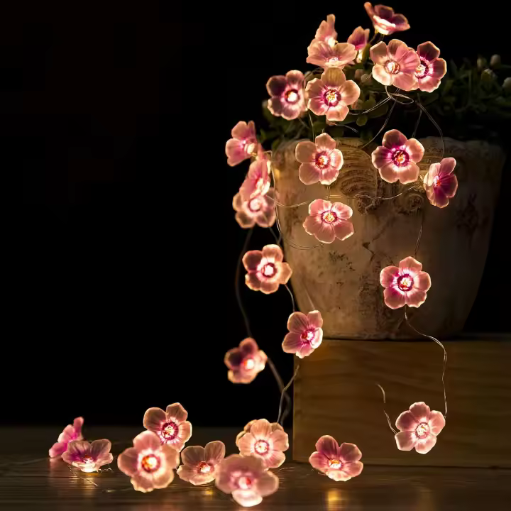 Cadena de luces de flores con forma de flor de cerezo rosa, funciona con pilas, 3 m, 30 LED, para dormitorio de niñas, Navidad, primavera, jardín, boda - 1