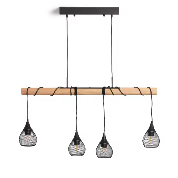 LEDKIA LIGHTING - Lámpara Colgante de Madera y Metal Monah | Diseño Nórdico e Industrial | Soporte E27 para 4 Bombillas | Cable Ajustable | Uso Interior, Negro, Madera - 1