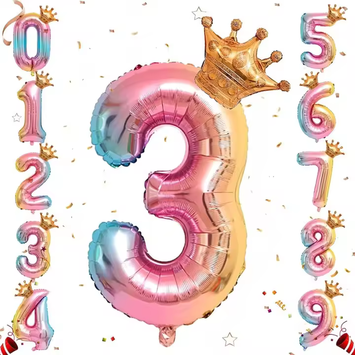 Ballon de numéro de feuille d'hélium, ballons de numéro de dégradé arc-en-ciel de 32 pouces avec couronne pour anniversaire, décorations de fête d'anniversaire (# 3) - 1