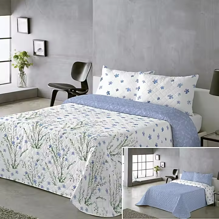 Colcha Doble Cara Primavera Verano Azul Celeste - Estampado Botánico con Flores en Relieve | Tallas Exactas Cama 90, 105, 135 y 150  |  Termosellado Industrial | Incluye Fundas de Almohada - 1