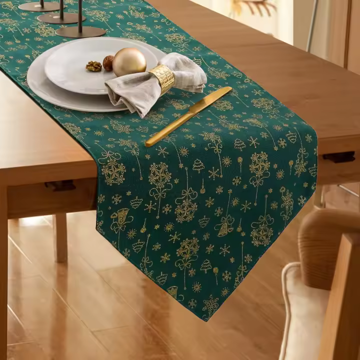 Camino de mesa navideño de arpillera y algodón con diseño de copos de nieve y estampado en caliente, camino de mesa, tocador, bufandas, mantelería - 1