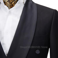 Traje Nueva 2024 Para Hombre Negro De Satén Con Papel Tuxedo 2 Piezas Doble Breasted Traje De Boda Común Para Fiesta Traje De Costumbre Para Novio Male Wear - details 2
