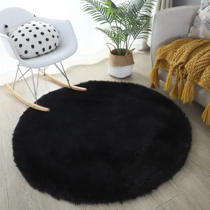 Alfombra Redonda Sala de Estar Alfombra de Noche Shaggy Dormitorio Suave de Gran Tamaño Alfombra para Dormitorio Decorativa de Estilo Moderno para Sala de Estar Dormitorio Sofá Estera (Negro, Ø 120 cm Redonda) Alfombra Shaggy - 1
