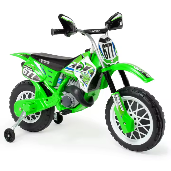 INJUSA - Moto Eléctrica Infantil Cross CR | Moto a Batería para Niños de 3 a 6 Años | Batería 6V | Acelerador en Puño | Bandas de Goma EVA en Ruedas | Ruedas Estabilizadoras | Velocidad máx. 6 km/h | Versión Verde y Blanca - 1