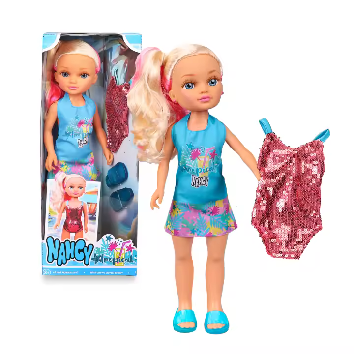 Nancy Tropical, Muñeca Vestida con un Conjunto Veraniego, Incluye un Trousseau de Traje de Baño de Lentejuelas y Sandalias, +3 años, Famosa (NAC93000) - 1