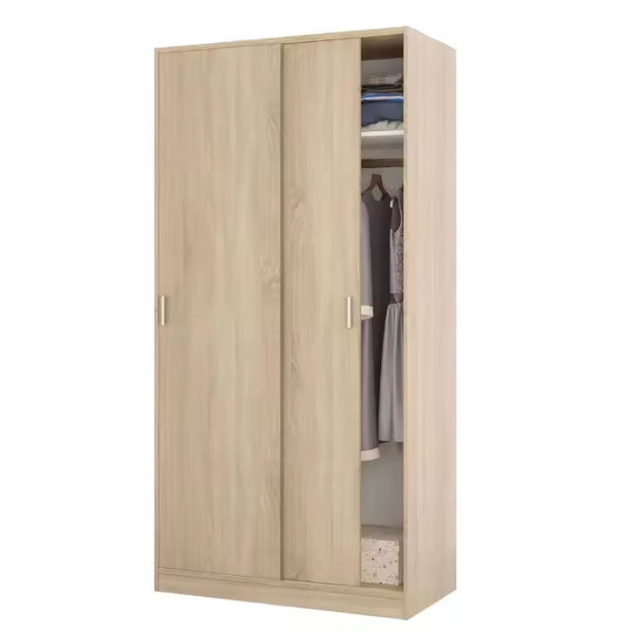 Meimon Armario ropero de 2 puertas correderas en acabado Roble Canadian, con barra de colgar extraíble, estante interior, guías y tiradores ABS, interior blanco, estructura en tablero melaminizado E1 de 15 mm, 200x100x50 cm - 1