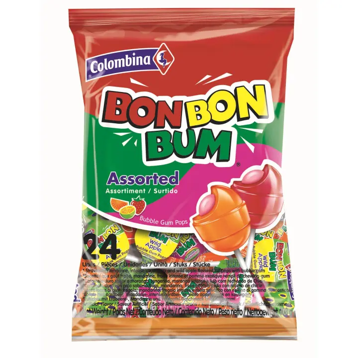 BON BON BUM SURTIDO - BOLSA  de 24 BON BON BUM COLOMBINA. Sabores: Fresa - Lulo - Naranja - Fresa Intensa - 1