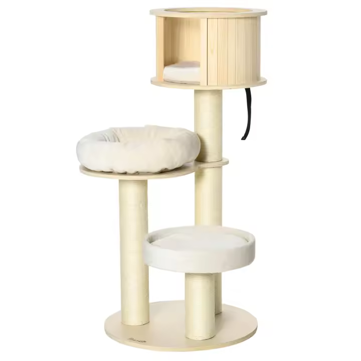 PawHut Rascador para gatos con tres niveles, árbol trepador de madera con cueva para gatos, postes de sisal, plataforma grande, pelotas de juego, 122 cm de altura, felpa estable, natural + crema, 59,5 x 59,5 x 122 cm - 1