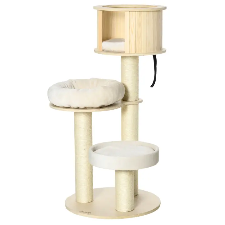 PawHut Rascador para gatos con tres niveles, árbol trepador de madera con cueva para gatos, postes de sisal, plataforma grande, pelotas de juego, 122 cm de altura, felpa estable, natural + crema, 59,5 x 59,5 x 122 cm - 1