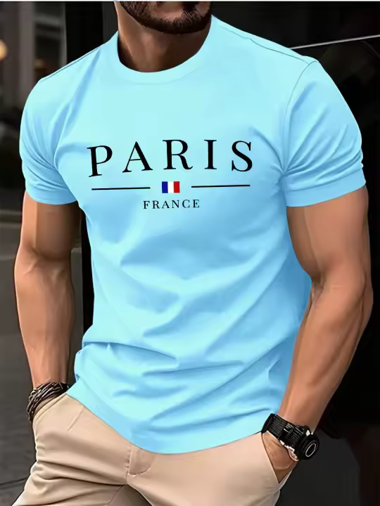 Camiseta De Verano Para Hombre 100% Algodón Casual De Tamaño Grande Con Estampado Francés Deportivo Cuello Redondo Manga Corta Cómoda Y Transpirable - 1