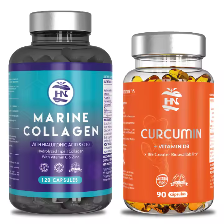 HN - Healthy Nutrition - Pack Colágeno Marino & Curcuma - Colageno Marino Hidrolizado Puro con Acido Hialuronico con Magnesio y Curcuma liquida en capsulas liposomada. - Coéncima Q10 - 1