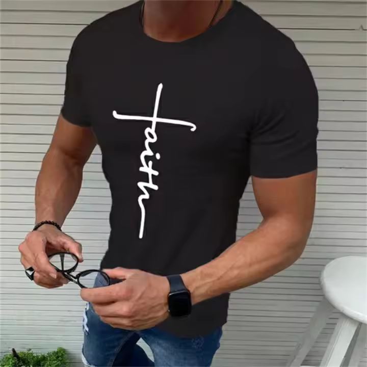 Camiseta Deportiva De Hombre Clásica Con Estampado De Fe Jesus Manga Corta Transpirable Y Absorbedora De Sudor Para Ejercicio - 1
