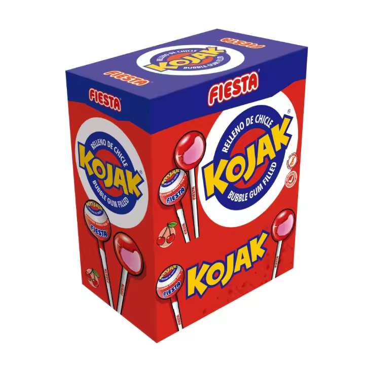 Kojak Fiesta - Caja 100 Kojak - Sabores: Cereza - Cola - Helado - Power - Sandia - Pop Corn. Chupa Chup Kojak Relleno de Chicle - 1