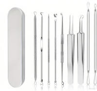 Kit Profesional De 9 Piezas Para Eliminar Quistes Y Puntos Negros Con Pinzas De Acero Inoxidable Y Estuche De Viaje Para Extractor De Acné Para Rostro Y Nariz - details 0