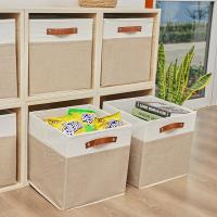 Caja de almacenamiento plegable, cesta de almacenamiento Tejida de Lino, Organizador de armarario con Asas de cuero (CAFI Claro) - details 1