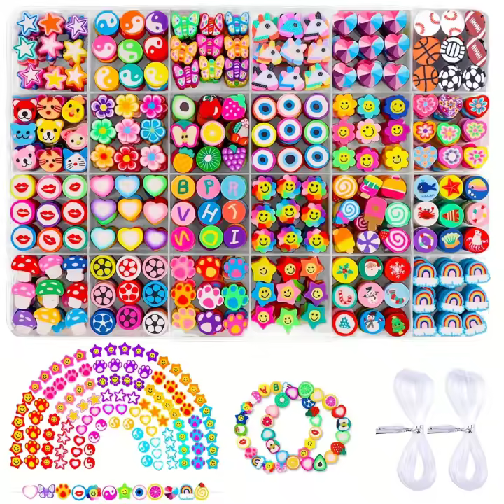 Set De Abalorios De Arcilla Polimérica 15Celdas Con Espaciadores De Frutas Y Caras Sonrientes Hilo Elástico Bundle De Caja - 1