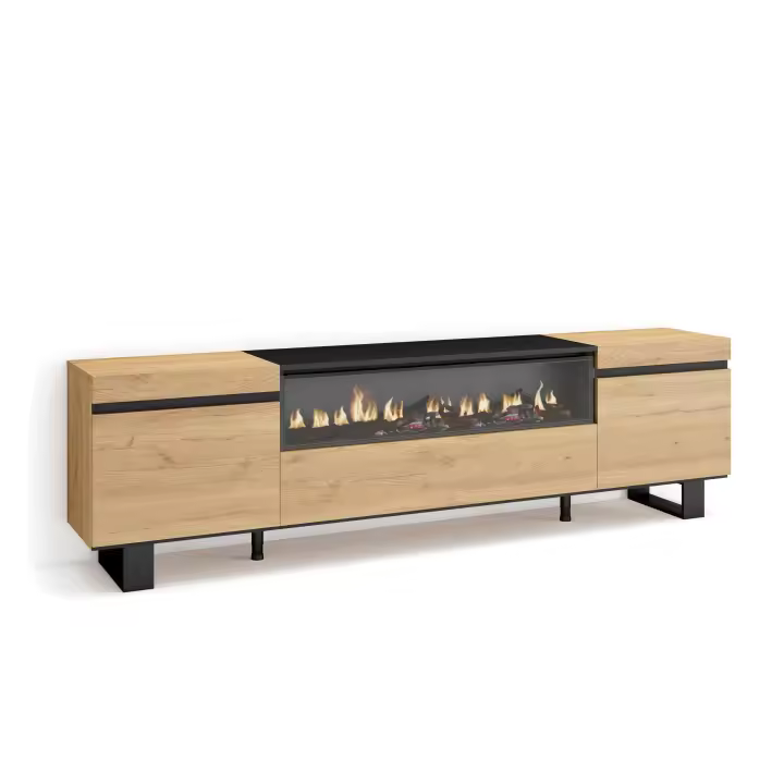 Skraut Home - Mueble de Televisión en melamina de alta calidad - 203x35x57cm - Fuego led efecto 3d - Veteado de madera - Tacto poroso - Estilo Moderno Elegante - 1