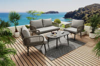 Conjunto chaise longue de Jardín, Conjunto de muebles de Jardín con cojines, de 2 plazas Sofá, 2 sillones y Mesa de Centro, Cuerda Tejida by hand, Tapa de Cristal veteado, Maple vanizado, Gris - details 0