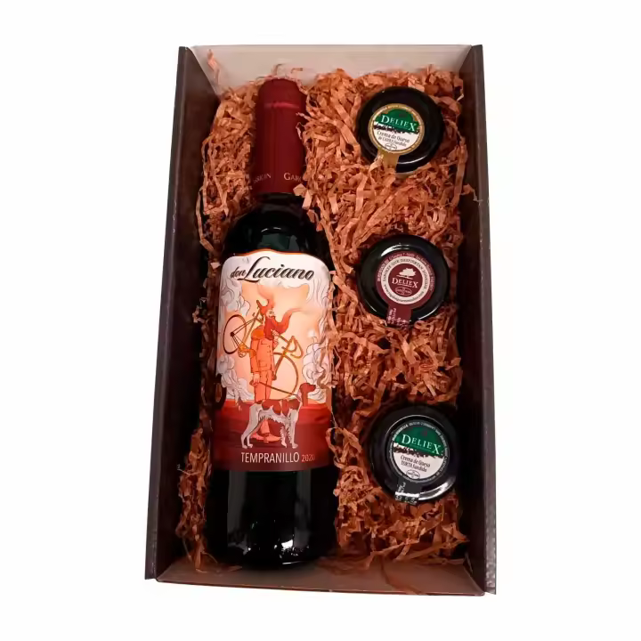 Cajita para Regalo Deliex, Vino Don Luciano Tempranillo 37.5cl y 3 Cremas (Paté, Queso de Torta y Queso de Cabra) para untar. - 1