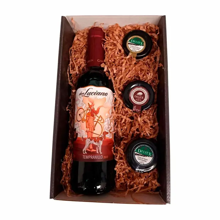 Cajita para Regalo Deliex, Vino Don Luciano Tempranillo 37.5cl y 3 Cremas (Paté, Queso de Torta y Queso de Cabra) para untar. - 1