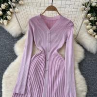 Vestido Largo Maxi Rosa Francés De Moda Con Volantes Y Cuello En V Para Mujer Abrigo De Invierno Estilo Oficina Lady - details 12