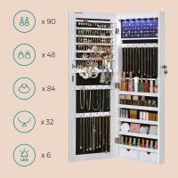 Espejo joyero colgante con luz led, montaje en pared o puerta, cuerpo entero, iluminación interior, regalo elegante en color blanco, 37x9,3x108 cm - details 4