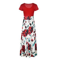 Vestido Largo De Maxi Con Cuello Redondo Y Manga Corta Elegante Vestido De Mujer Con Cintura Ajustada Y Estampado Splicing - details 13