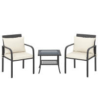 Outsunny Conjunto de Jardín Exterior de 3 Piezas Muebles de Jardín con 2 Sillas con Cojines Extraíbles Lavables y Mesa Terraza con Estante Tablero de Vidrio Templado para Balcón Patio Marrón y Crema - details 0