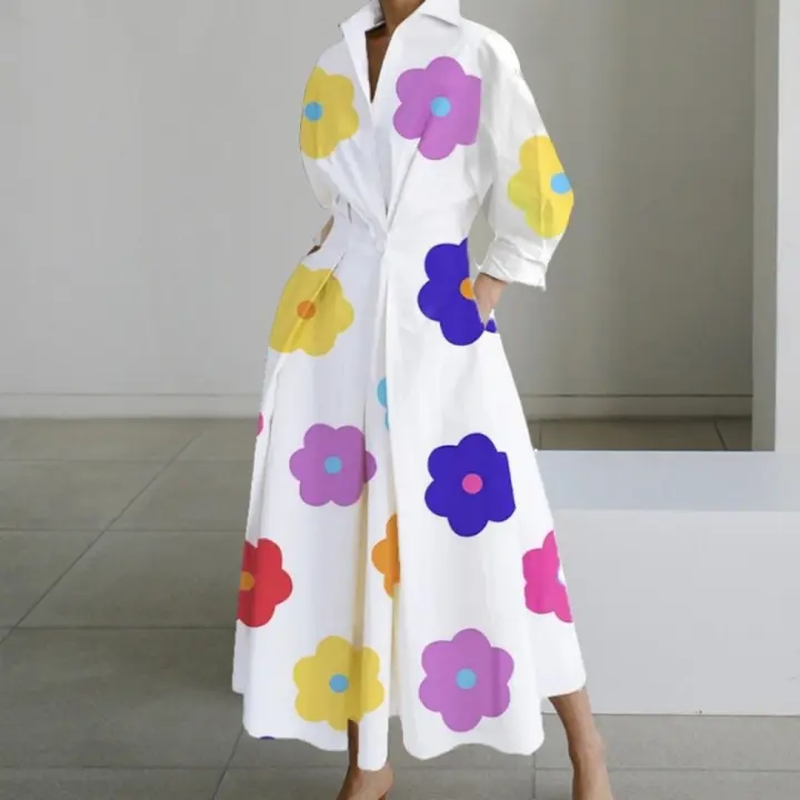 Vestido Largo De Mujer Elegante Con Manga Larga Y Cuello En V ZANZEA Moda Lapel Solido A-Line Vestido De Oficina Para Primavera - 1