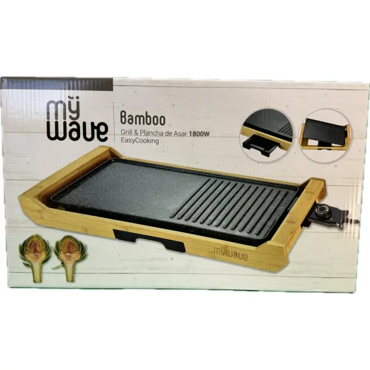 MY WAVE Grill de Bamboo- Parrilla/Plancha eléctrica de sobremesa con Estructura de Bambú, Colector de Grasa,1800W [Clase de eficiencia energética A] - 1