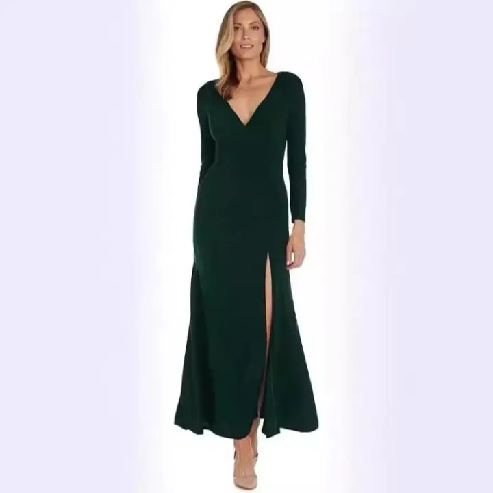 Vestido De Noche Para Mujer Largo Y Elegante Con Cuello En V Y Pliegues Lateral Con Abertura Larga Manga Regular Moda Otoño - 1