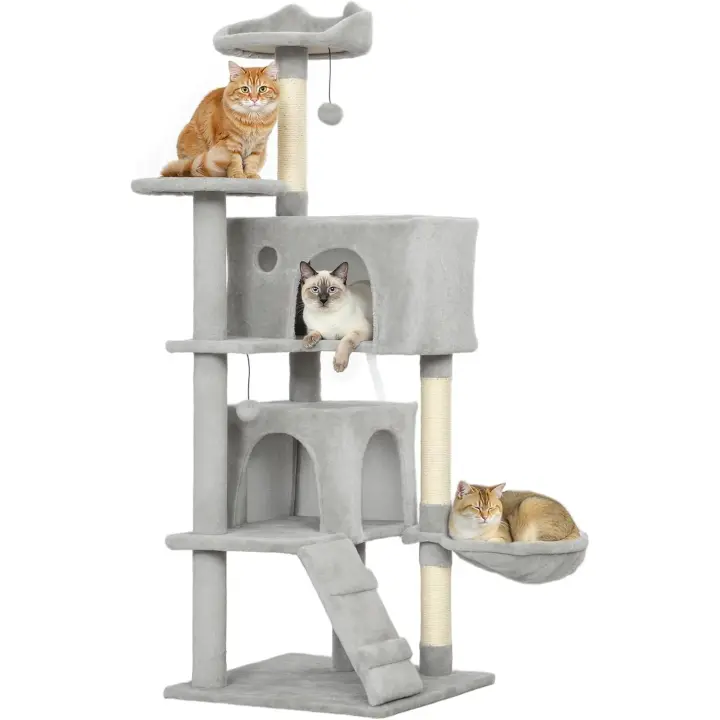 Árbol Rascador para Gatos, Árbol para Gatos , Torre Escalador con Múltiples Plataformas, Cama, 2 Cuevas, Hamaca, Escalera, Postes de Sisal, Bolas para Jugar, Gris Claro - 1