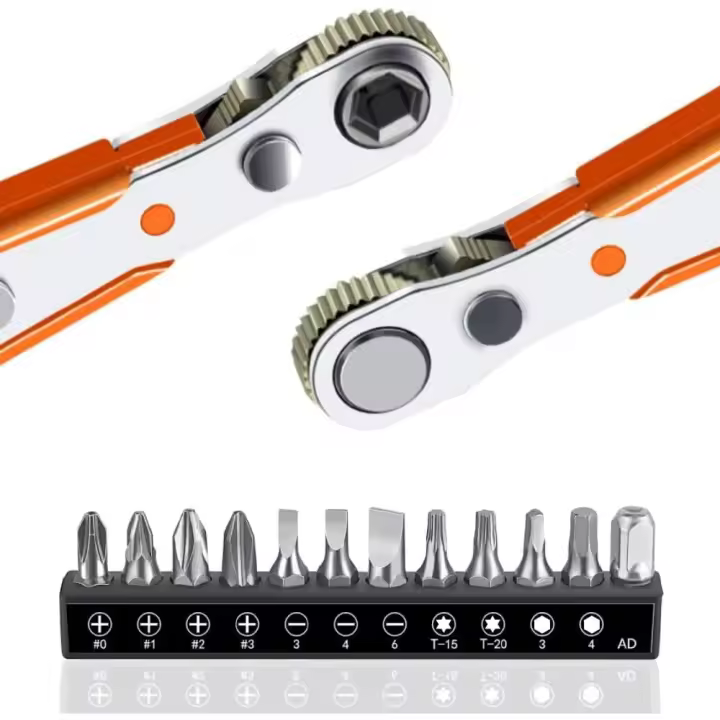 Juego de detornilladores de trinquete 12 piezas 110mm Mini 1/4 Llave de trinquete y tamaño 12 Bits de destornillador with 1/4 Drive High Torque Reversible Mini Offset Destornillador - 1