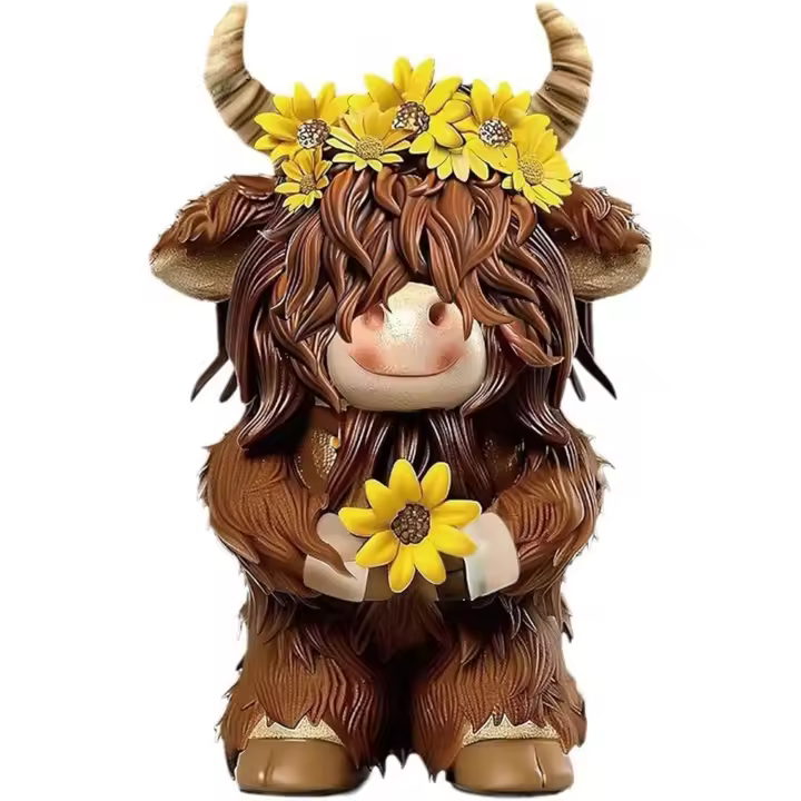 Figura de resina de vaca de las Tierras Altas con girasol para mesa de jardín, estante, decoración del hogar (marrón, 13,7 x 7,6 cm) - 1