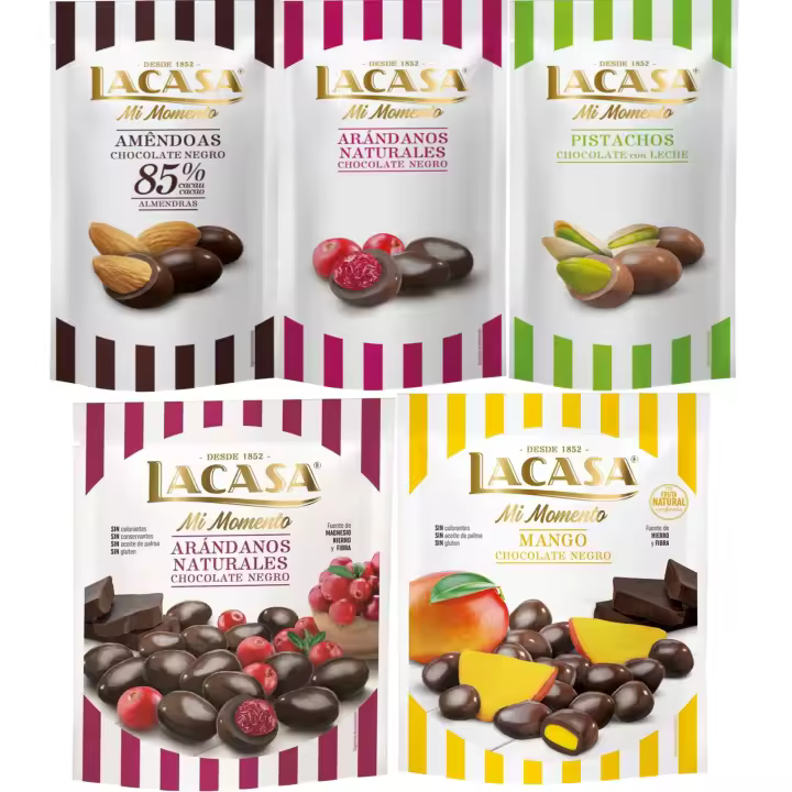 Lacasa Mi Momento pack de 5:Arándano  Negro 60 G,Pistacho  Leche 50 G,Almendra 85% 65 GArándano  Negro 125 G,Mango  Negro 115 G - 1
