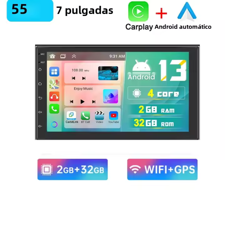 Receptor Estéreo Multimedia Para Coche Con GPS Android 13 CarPlay Y Radio FM 2 Din Universal 7 9 10 Pulgadas Con Cámara Trasera - 1
