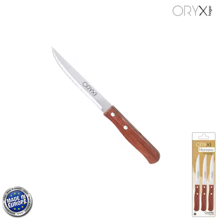 Cuchillos Montana Multiusos Hoja Sierra Acero Inoxidable 11 cm. Blister 3 Cuchillos Mango Madera ORYX. Especial para carnes - 1