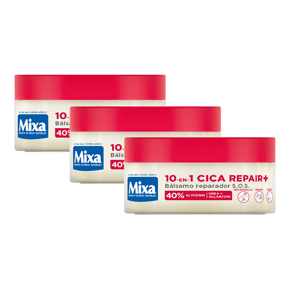 MIXA | Cica Repair+ 10 en 1 Bálsamo reparador para pieles agrietadas y ásperas, con un 40% de [glicerina, urea y alantoína]. Apta para rostro y cuerpo, hipoalergénica, 3X150ml