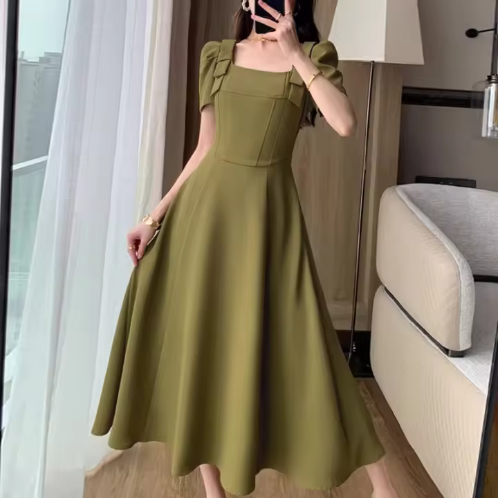 Vestido Elegante De Noche ZANZEA Para Mujer Vintage Con Cuello Cuadrado Y Lazo Vestido Largo De Verano Con Manga Puff Silueta Ajustada Y Flared - 1