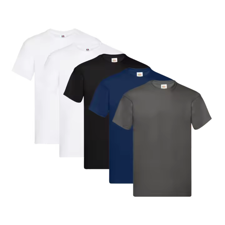 Fruit of the Loom Original - Camiseta Manga Corta para Hombre (Pack de 5 unidades) - 2 Blanco / 1 Negro / 1 Azul Marino / 1 Gris Escuro - 1