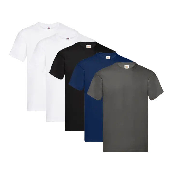 Fruit of the Loom Original - Camiseta Manga Corta para Hombre (Pack de 5 unidades) - 2 Blanco / 1 Negro / 1 Azul Marino / 1 Gris Escuro - 1