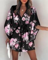 Vestido Casual De Verano Para Mujer Con Estampado Y Volante Estilo Playa Cuello En V Manga Batwing A-Line Largo Mini - details 5