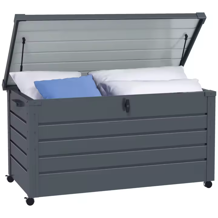 Outsunny Baúl de Exterior 311 L Arcón de Almacenaje de Acero Galvanizado con 4 Ruedas 2 Asas y 1 Cerradura con Llave para Jardín Patio 120x62x66 cm Gris Oscuro - 1