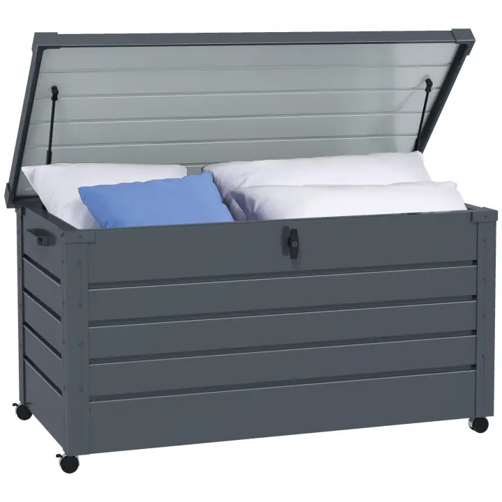Outsunny Baúl de Exterior 311 L Arcón de Almacenaje de Acero Galvanizado con 4 Ruedas 2 Asas y 1 Cerradura con Llave para Jardín Patio 120x62x66 cm Gris Oscuro - 1