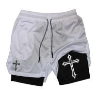 Shorts De Entrenamiento Para Hombres Con Estampado De Cruz Y Línea De Compresión Bolsillo Para Teléfono Y Cinta De Malla Deportiva Adecuado Para Correr En La Iglesia - details 20