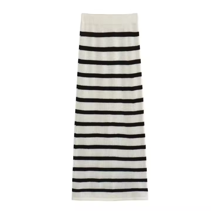 Conjunto De Verano Para Mujer: Falda Larga De Playa Y Chaqueta Tejida Elegante Y Bohemia Estilo Casual Striped Holiday Dos Piezas Beachwear - 1